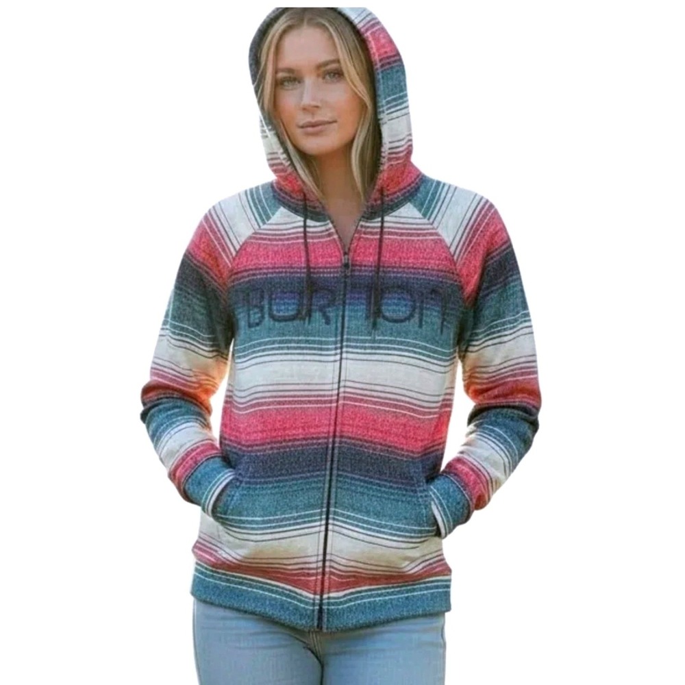 Burton WB Peak Hoodie Full Zip Fleece Jacket Pink Blue Stripe Women's Large